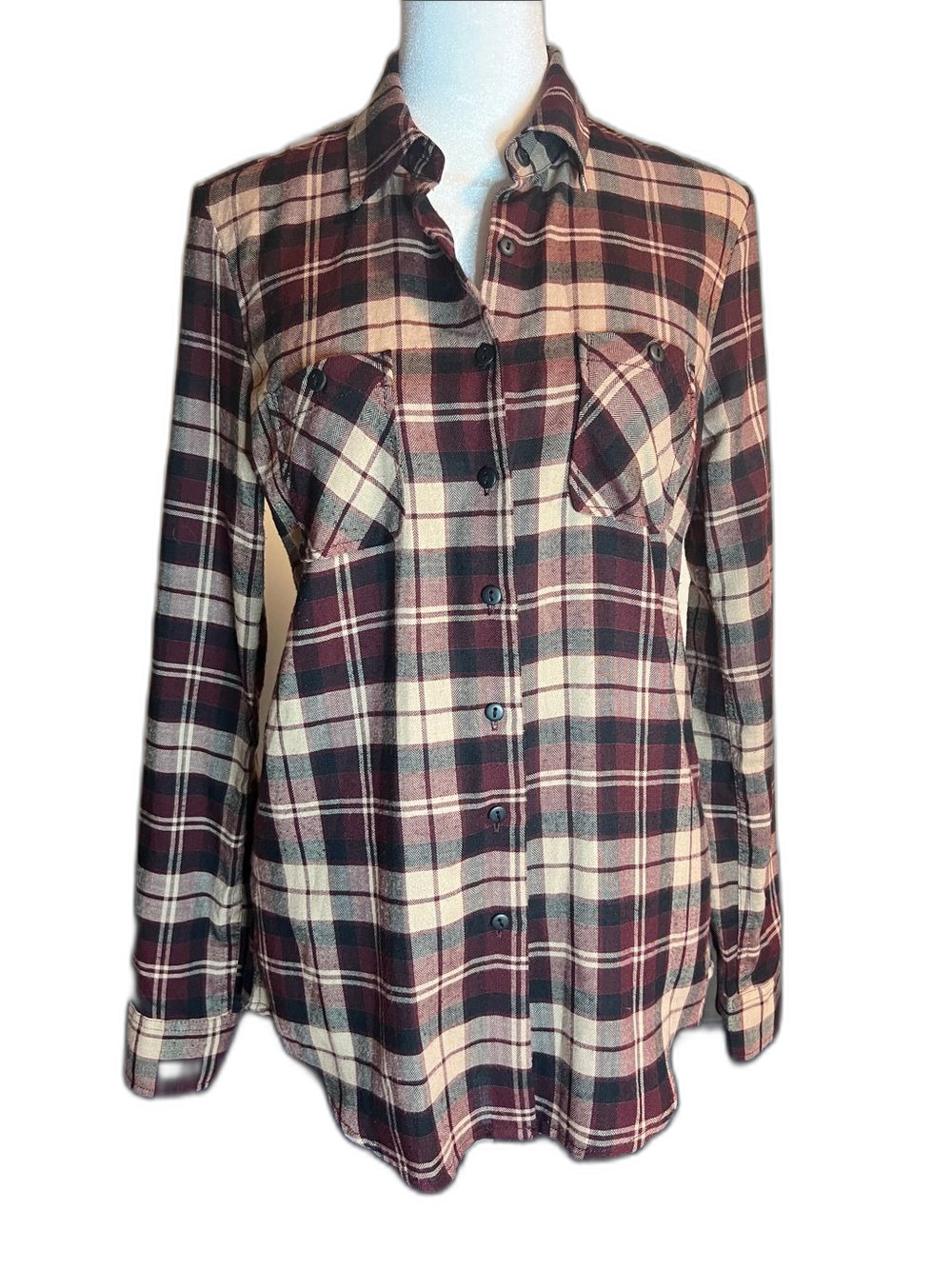 BCBG Burgundy and Cream Plaid Button-Down Shirt Size XS